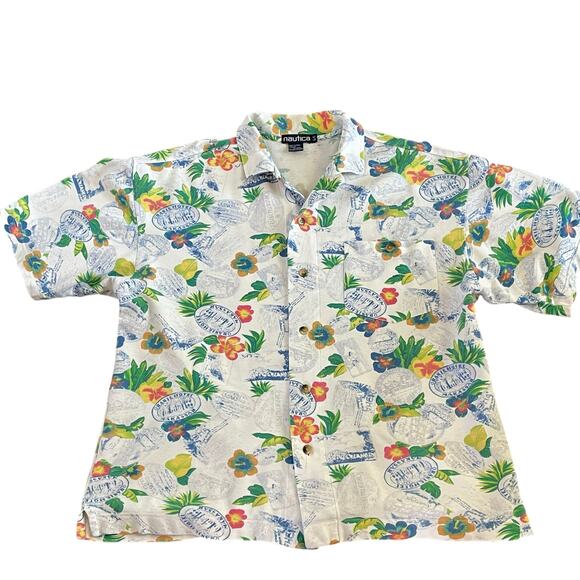 Nautica Knit Hawaiian Button Down Shirt Mens LARGE Tropical Postal Travel Print - Picture 2 of 9